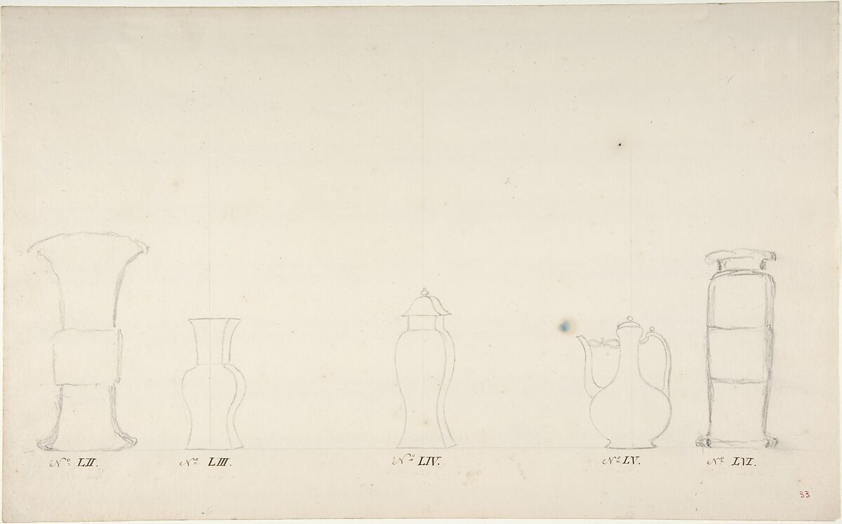Design for Four Vases and a Teapot, Anonymous, French, 18th century, Pen and brown ink, and black chalk 