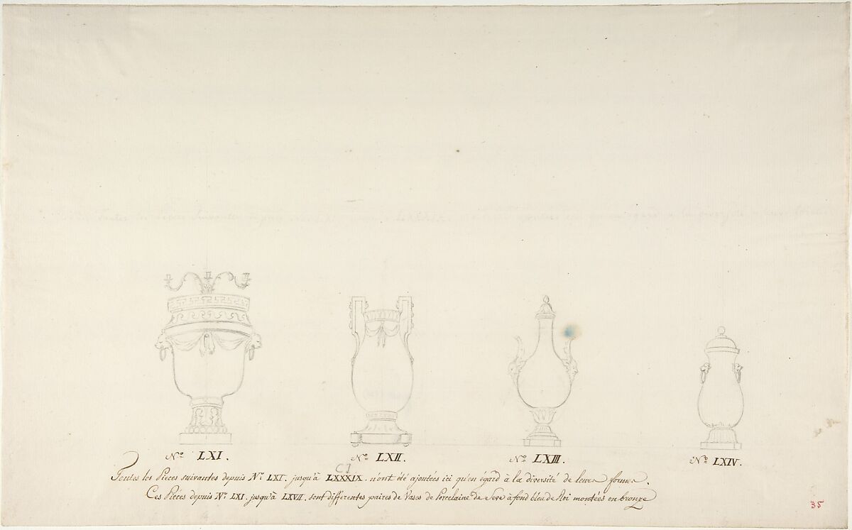 Design for Four Vases, Anonymous, French, 18th century, Pen and brown ink, and black chalk 