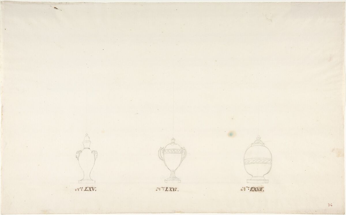 Design for Three Vases, Anonymous, French, 18th century, Pen and brown ink, and black chalk 