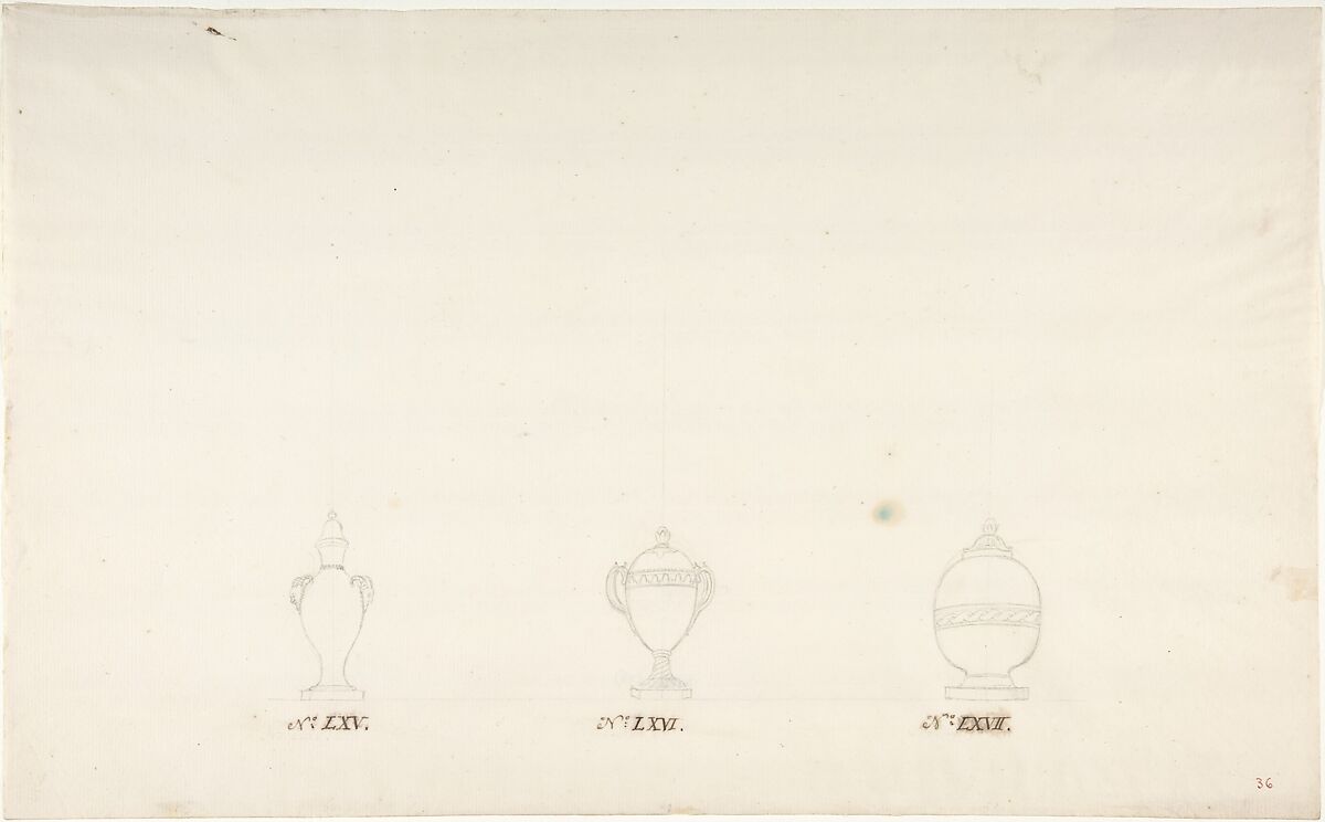 Design for Three Vases, Anonymous, French, 18th century, Pen and brown ink, and black chalk 