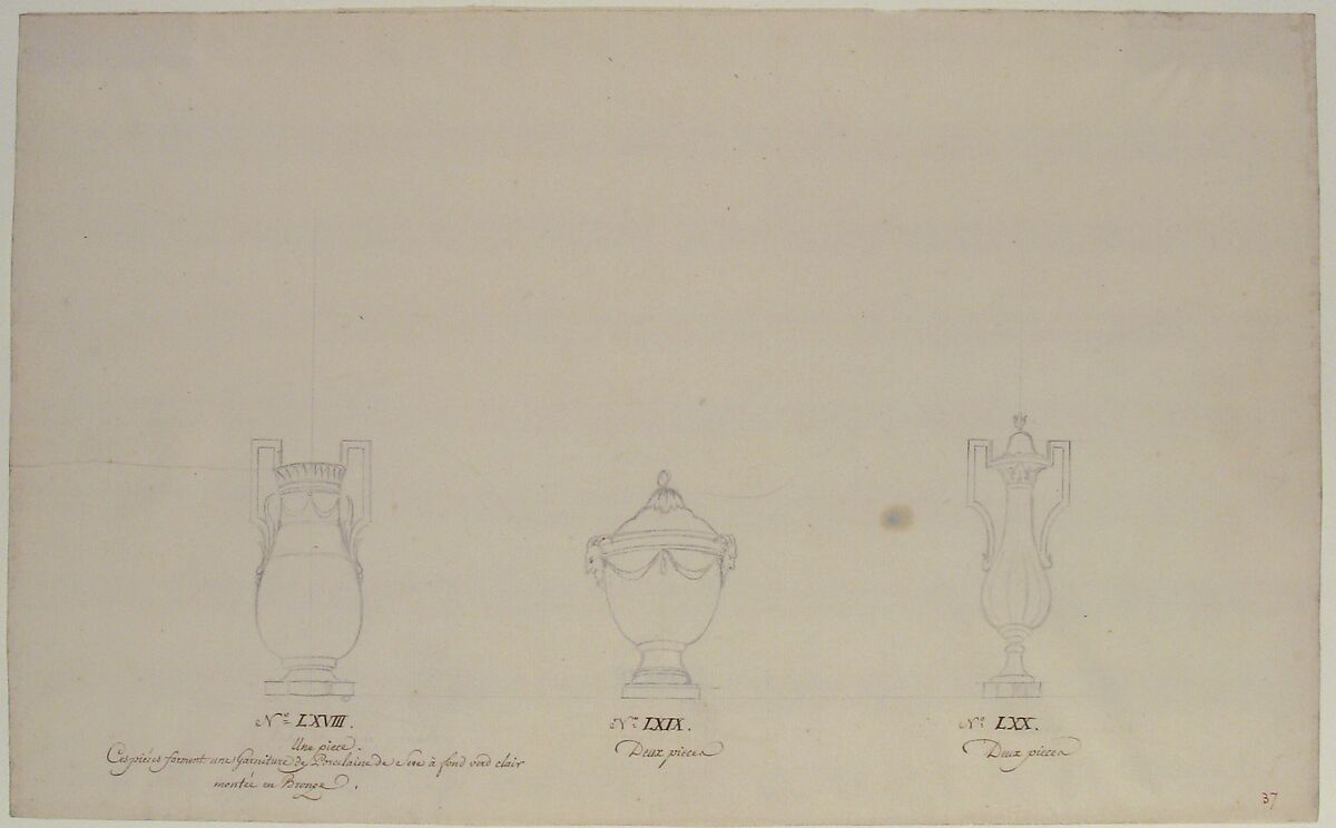 Design for Three Vases, Anonymous, French, 18th century, Pen and brown ink, and black chalk