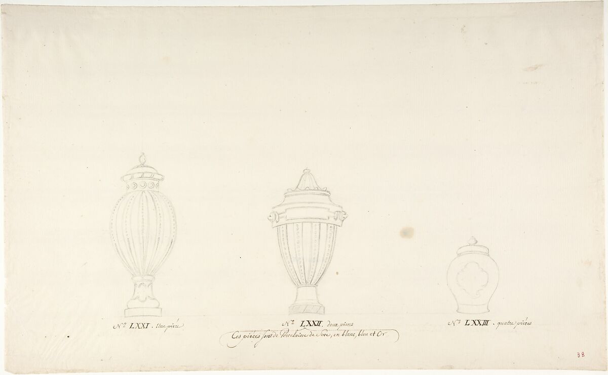 Design for Three Vases, Anonymous, French, 18th century, Black chalk, pen and brown ink 