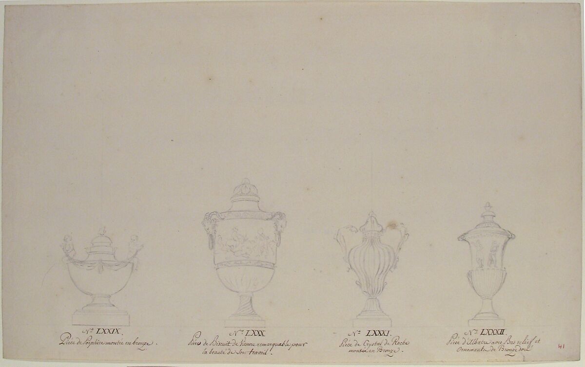 Design for Four Vases, Anonymous, French, 18th century, Pen and brown ink, and black chalk