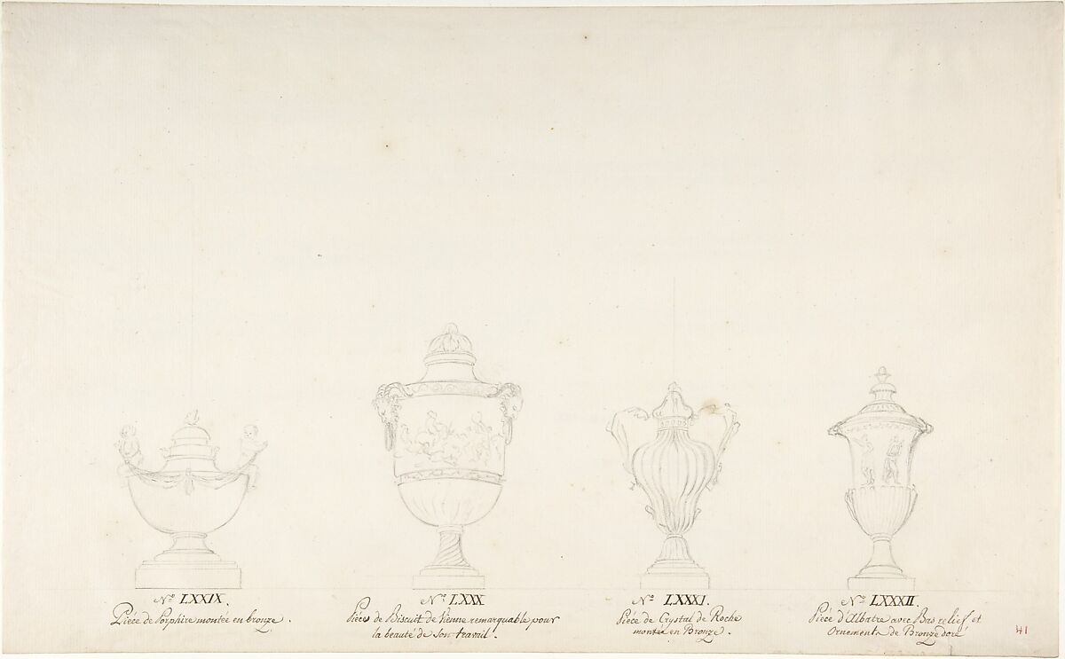Design for Four Vases, Anonymous, French, 18th century, Pen and brown ink, and black chalk