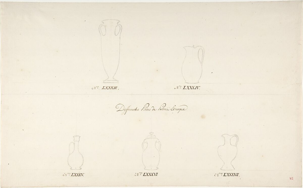 Design for Five Vases, Anonymous, French, 18th century, Black chalk, pen and brown ink 