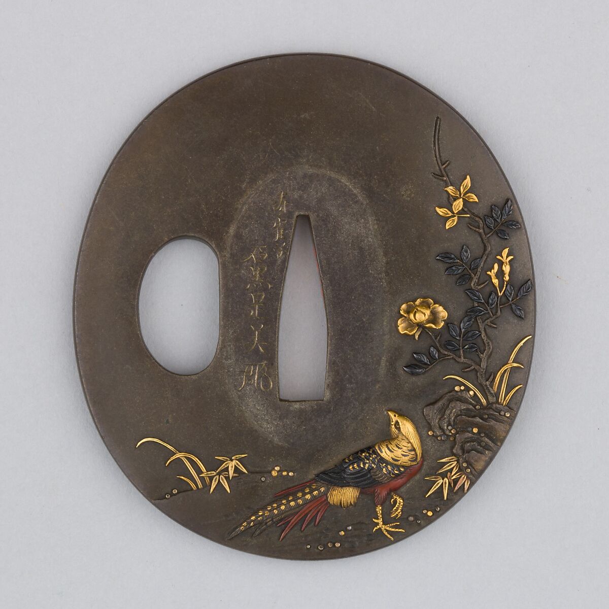 Sword Guard (Tsuba), Copper-gold alloy (shakudō), gold, copper, silver, Japanese 