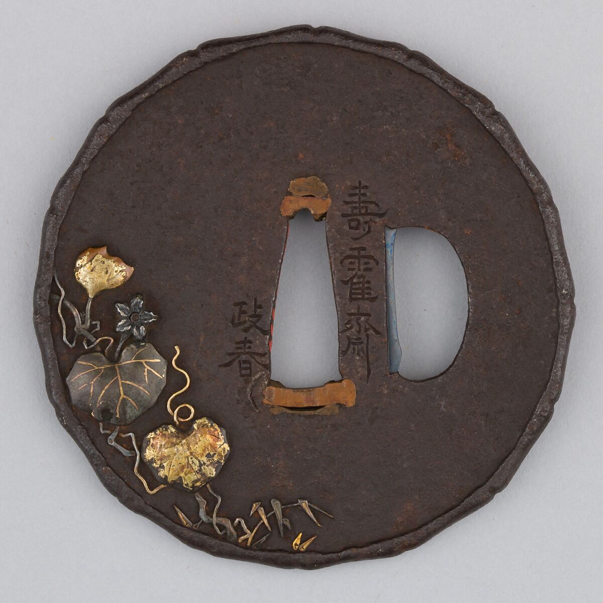 Sword Guard (Tsuba), Iron, gold, silver, copper, copper-silver alloy (shibuichi), Japanese