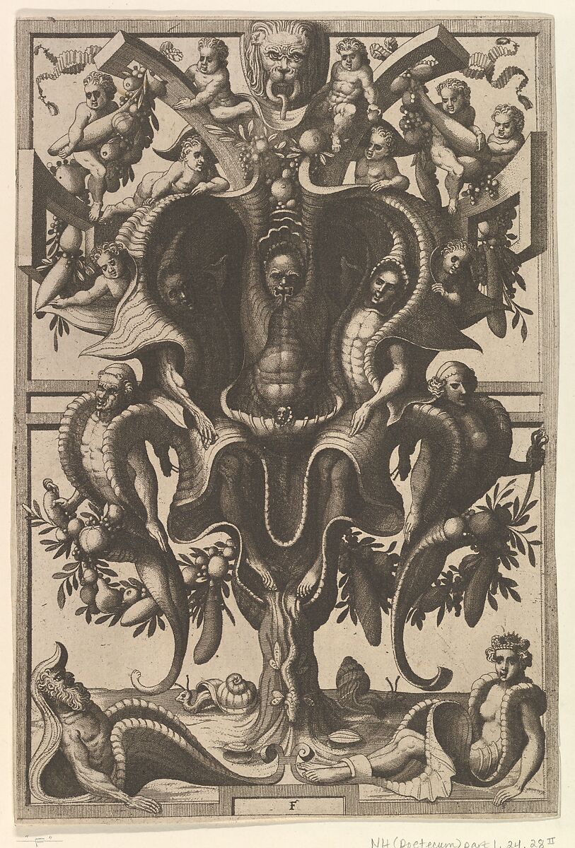 Auricular Cartouche with Figures within a Strapwork Frame from Veederley Veranderinghe van grotissen ende Compertimenten. Libro Primo