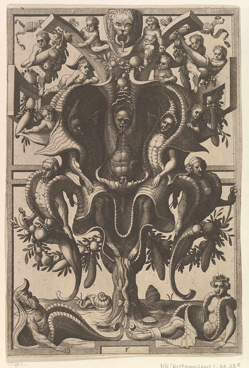 Auricular Cartouche with Figures within a Strapwork Frame from Veederley Veranderinghe van grotissen ende Compertimenten. Libro Primo, After Cornelis Floris II (Netherlandish, Antwerp before 1514–1575 Antwerp), Etching 