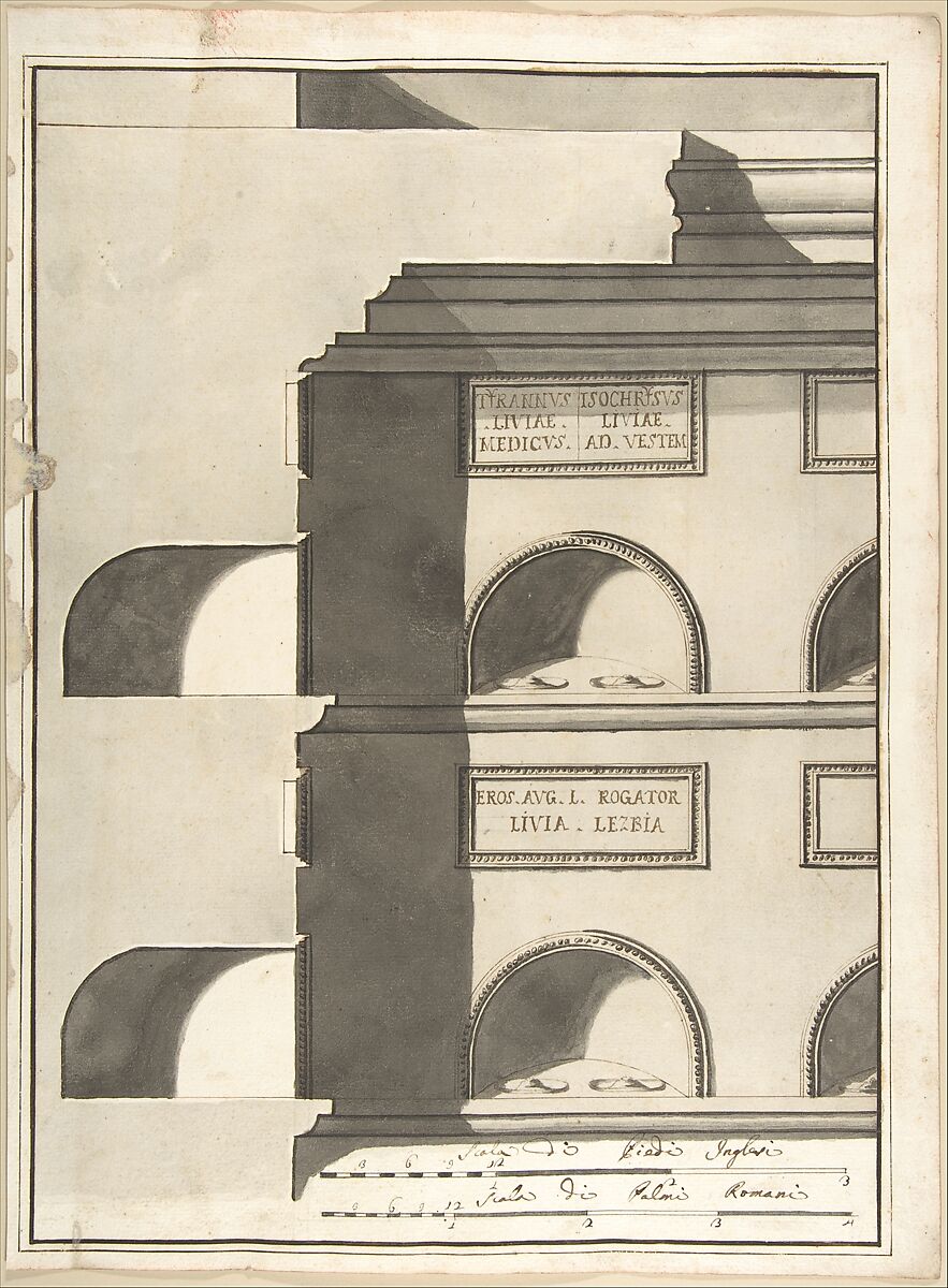 Elevation and Section of a Columbarium, Pietro Paolo Coccetti (Cocchetti) (Italian, documented Rome, 1710–1727), Pen and brown ink, brush and gray wash, over ruling in graphite 