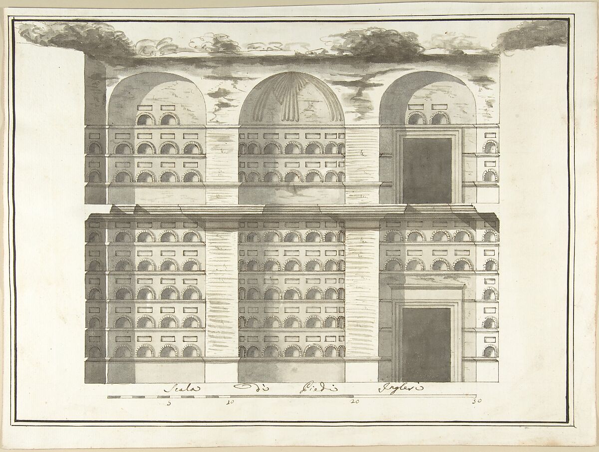 Section (Interior Elevation) of a Columbarium, Pietro Paolo Coccetti (Cocchetti) (Italian, documented Rome, 1710–1727), Pen and brown ink, brush and gray wash, over traces of ruling in graphite 
