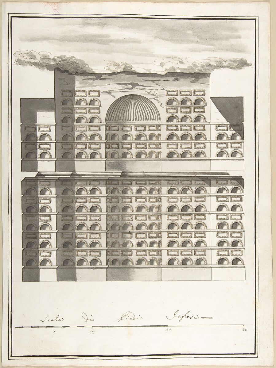 Elevation of the Interior of a Columbarium, Pietro Paolo Coccetti (Cocchetti) (Italian, documented Rome, 1710–1727), Pen and brown ink, brush and gray wash, over ruling in graphite 
