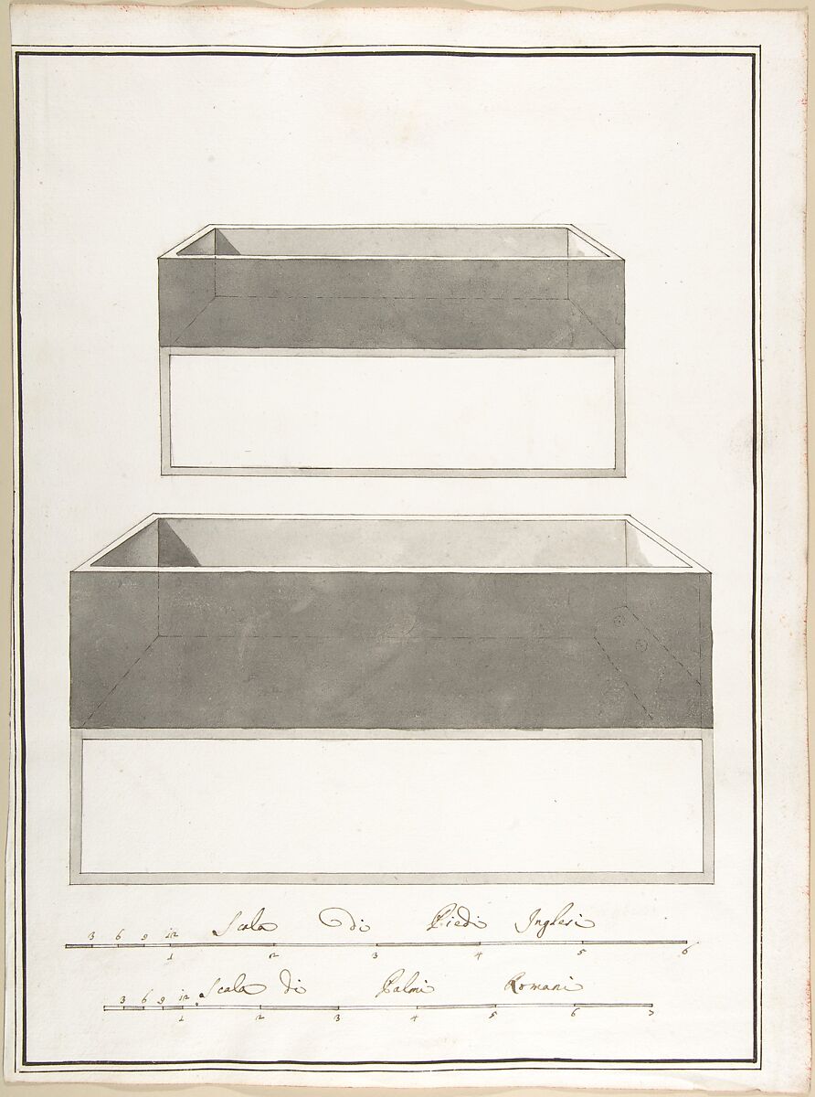 Elevations and Plans of Two Boxes, Pietro Paolo Coccetti (Cocchetti) (Italian, documented Rome, 1710–1727), Pen and brown ink, brush and gray wash, over traces of ruling in graphite 