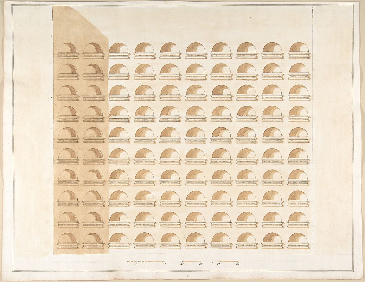 Elevation of a Columbarium, Pietro Paolo Coccetti (Cocchetti) (Italian, documented Rome, 1710–1727), Pen and brown ink, brush and gray wash, over ruling in graphite 