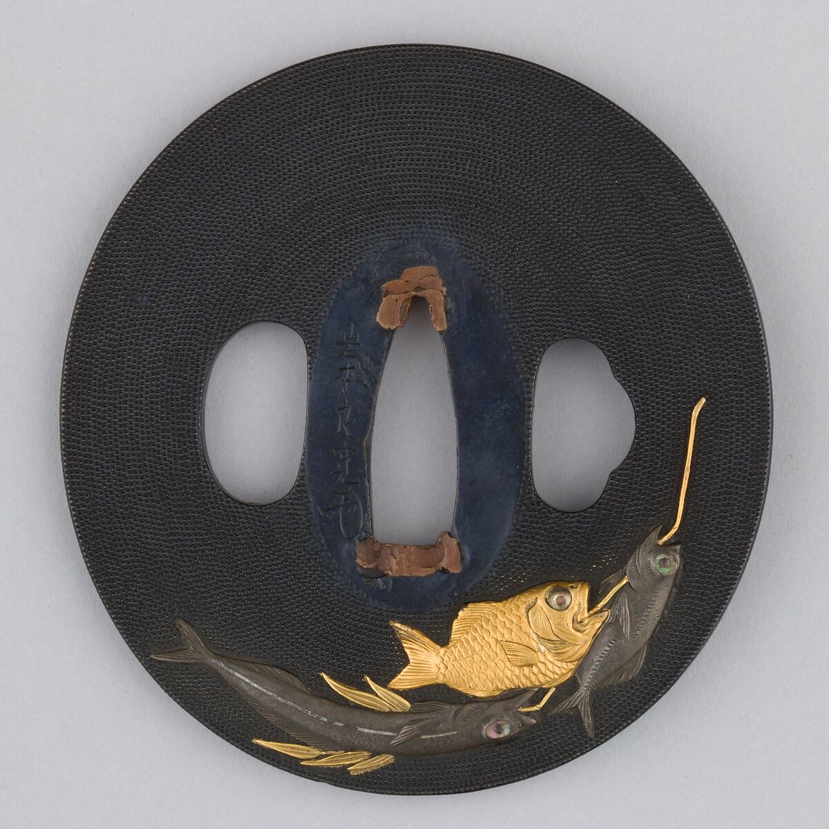 Sword Guard (Tsuba), Copper-gold alloy (shakudō), copper-silver alloy (shibuichi), gold, enameled cloisonné (shippō), copper, Japanese
