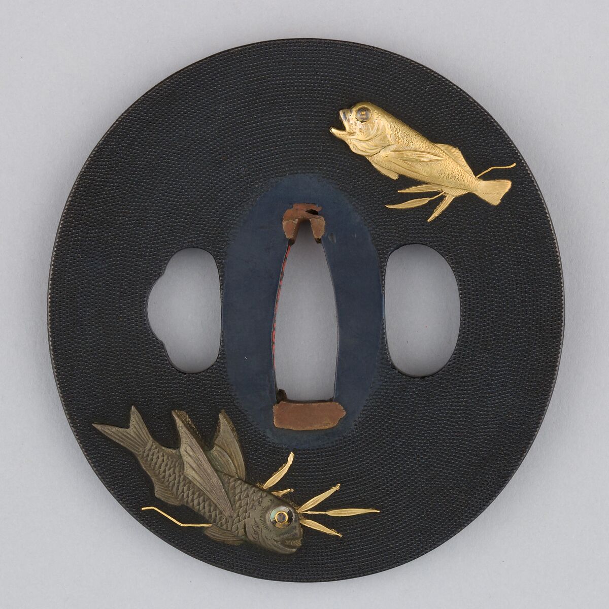 Sword Guard (Tsuba), Copper-gold alloy (shakudō), copper-silver alloy (shibuichi), gold, enameled cloisonné (shippō), copper, Japanese 