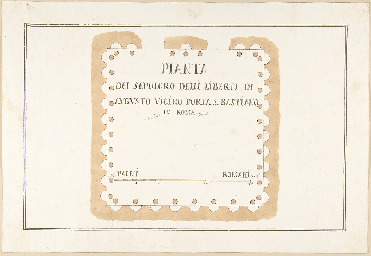 Plan of the Tomb of the Liberti di Augusto, Rome, Pietro Paolo Coccetti (Cocchetti) (Italian, documented Rome, 1710–1727), Pen and brown ink, brush and light brown wash, over traces of ruling in graphite 