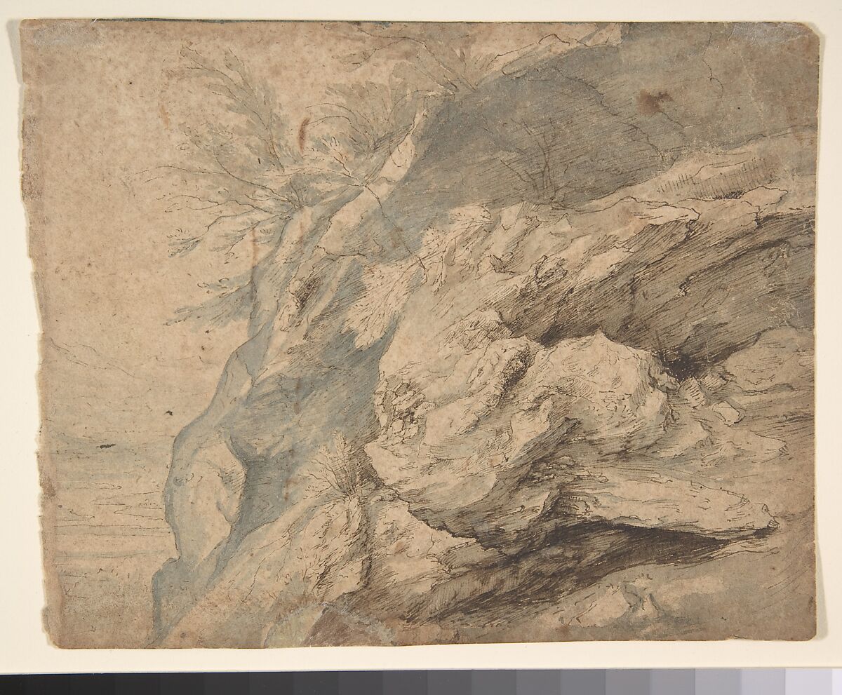 Study of the Side of a Rocky Cliff; Verso: Dam on a Mountain Stream, Paulus Willemsz. van Vianen (Netherlandish, Utrecht ca. 1570–ca. 1613/14 Prague), Pen and brown ink, blue-gray and brown wash; verso: pen and black ink and gray wash 
