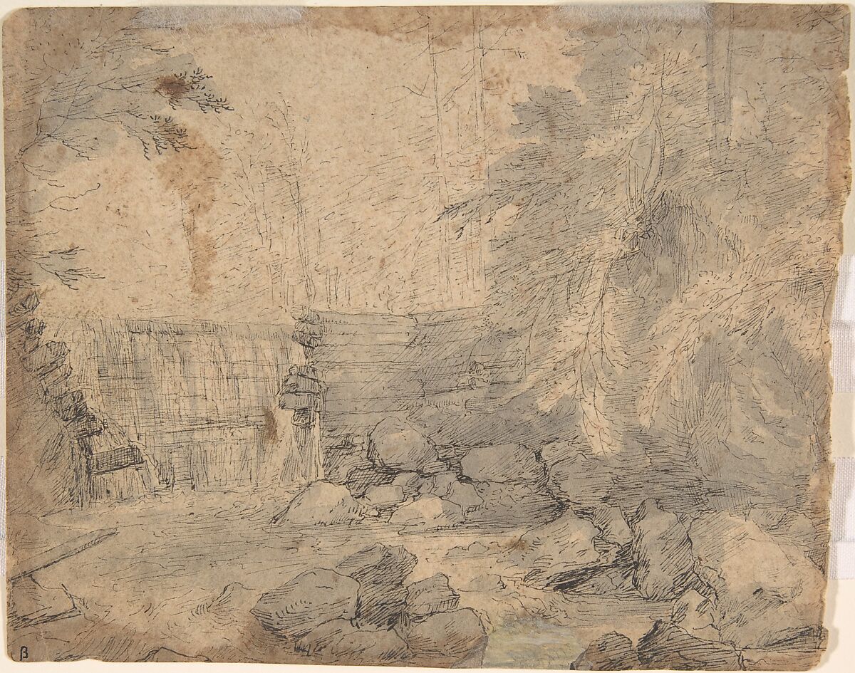Study of the Side of a Rocky Cliff; Verso: Dam on a Mountain Stream, Paulus Willemsz. van Vianen (Netherlandish, Utrecht ca. 1570–ca. 1613/14 Prague), Pen and brown ink, blue-gray and brown wash; verso: pen and black ink and gray wash
