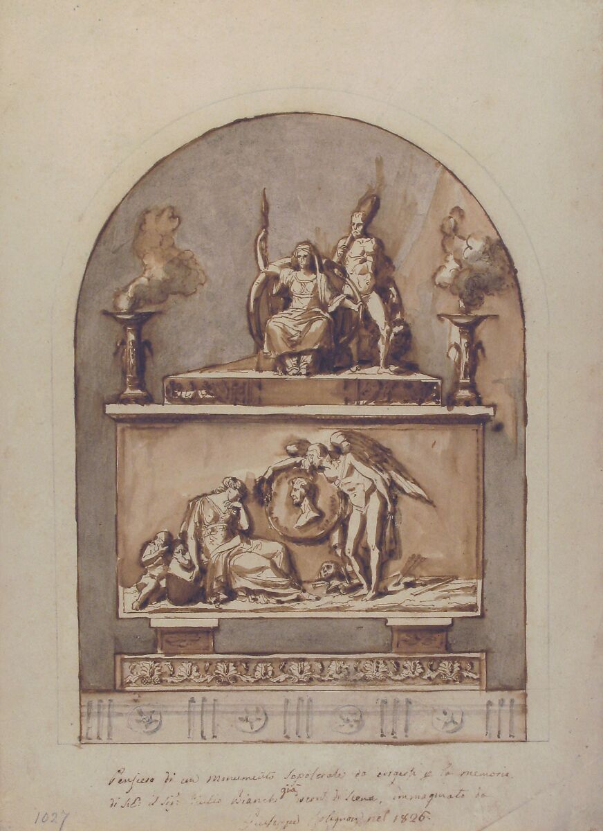 Design for a Sepulchral Monument Divided in Two Parts with Bas Relief Surmounted by Statues and Foliate Decoration Below, Guiseppe Colignon (Collignon) (Italian, Castelnuovo Berardenga, Siena 1778–1863 Florence), Pen and brown ink, brush with gray and brown wash, over traces of graphite
