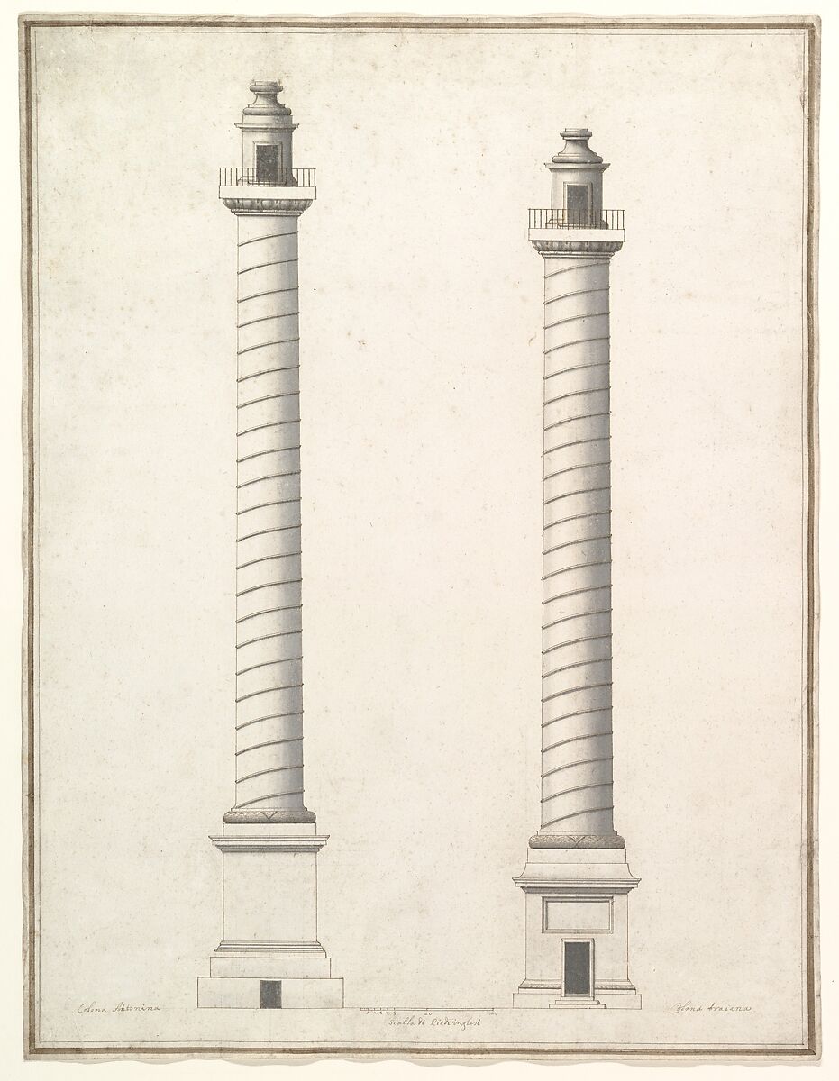 Elevation of Column of Antoninus Pius and Elevation of Column of Trajan, Antonio Maria Visentini (Italian, Venice 1688–1782 Venice), Pen and brown ink, brush and gray wash, over traces of ruling in graphite 