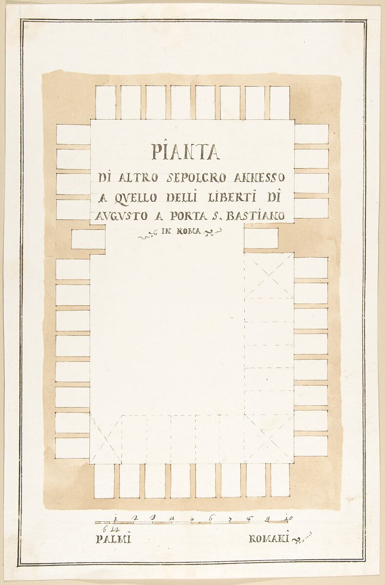 Plan of a Tomb, Rome, Pietro Paolo Coccetti (Cocchetti) (Italian, documented Rome, 1710–1727), Pen and brown ink, brush and light brown wash, traces of ruling in graphite 