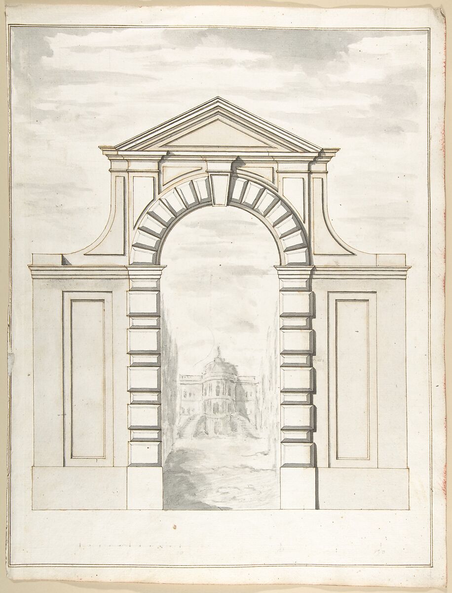 Elevation of a Garden Gate Showing a Palazzo or Villa in the Distance, Pietro Paolo Coccetti (Cocchetti) (Italian, documented Rome, 1710–1727), Pen and brown ink, brush and gray wash, over ruling in graphite 