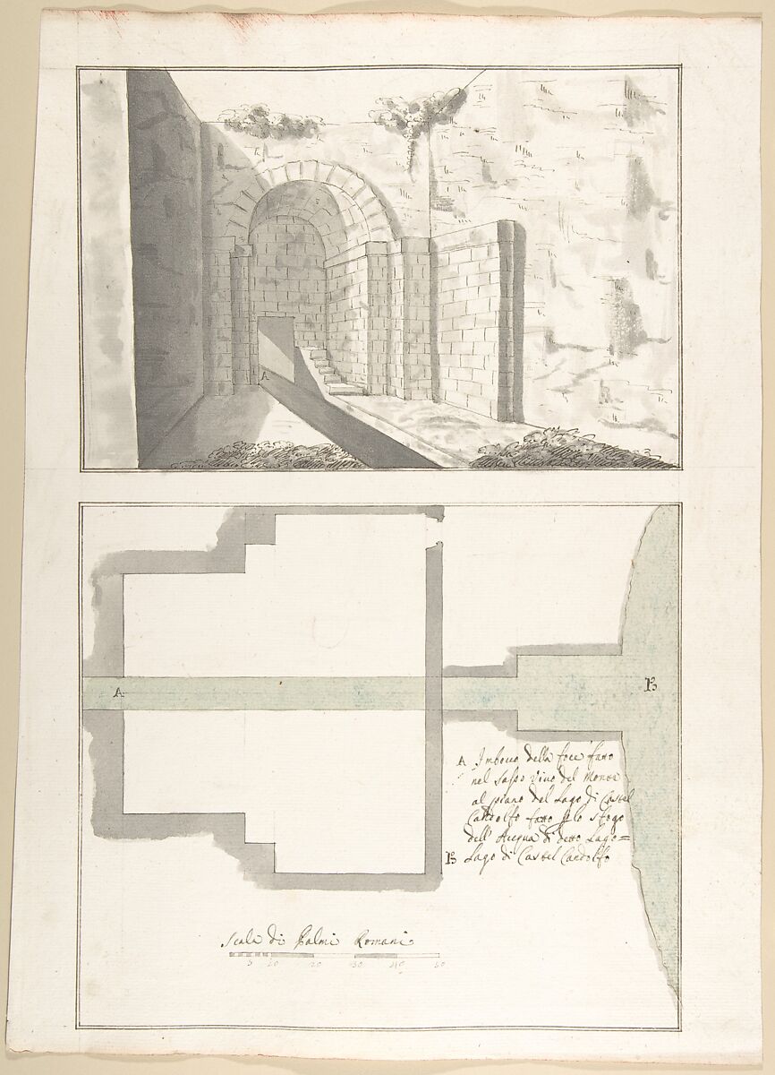 Canalization of the Mouth of the Sasso Vino into the Lake of Castel Gandolfo: Perspective and Plan, Pietro Paolo Coccetti (Cocchetti) (Italian, documented Rome, 1710–1727), Pen and brown ink, brush and gray and light green wash, over traces of ruling in graphite 