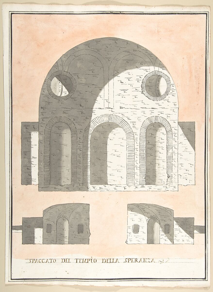 Three Sections of the Tempio della Speranza, Pietro Paolo Coccetti (Cocchetti) (Italian, documented Rome, 1710–1727), Pen and ink, brush and gray and ochre wash, over ruling in graphite 