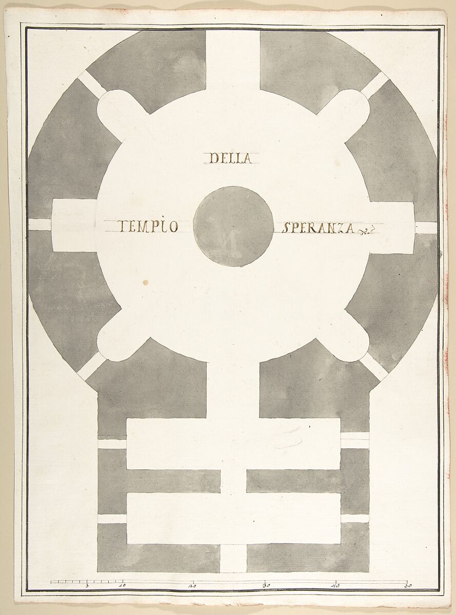 Plan of the Tempio della Speranza, Pietro Paolo Coccetti (Cocchetti) (Italian, documented Rome, 1710–1727), Pen and black-brown ink, brush and gray wash, over traces of ruling in graphite 