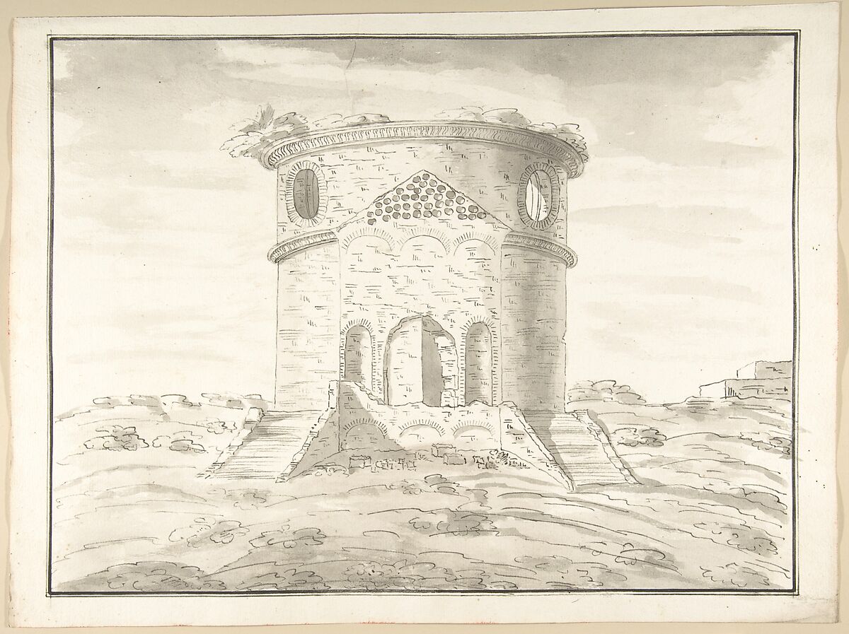 Perspective of a Rendering Round Temple in Ruins (probably Tempio della Speranza), Pietro Paolo Coccetti (Cocchetti) (Italian, documented Rome, 1710–1727), Pen and black-brown ink, brush and gray wash, over traces of ruling in graphite 