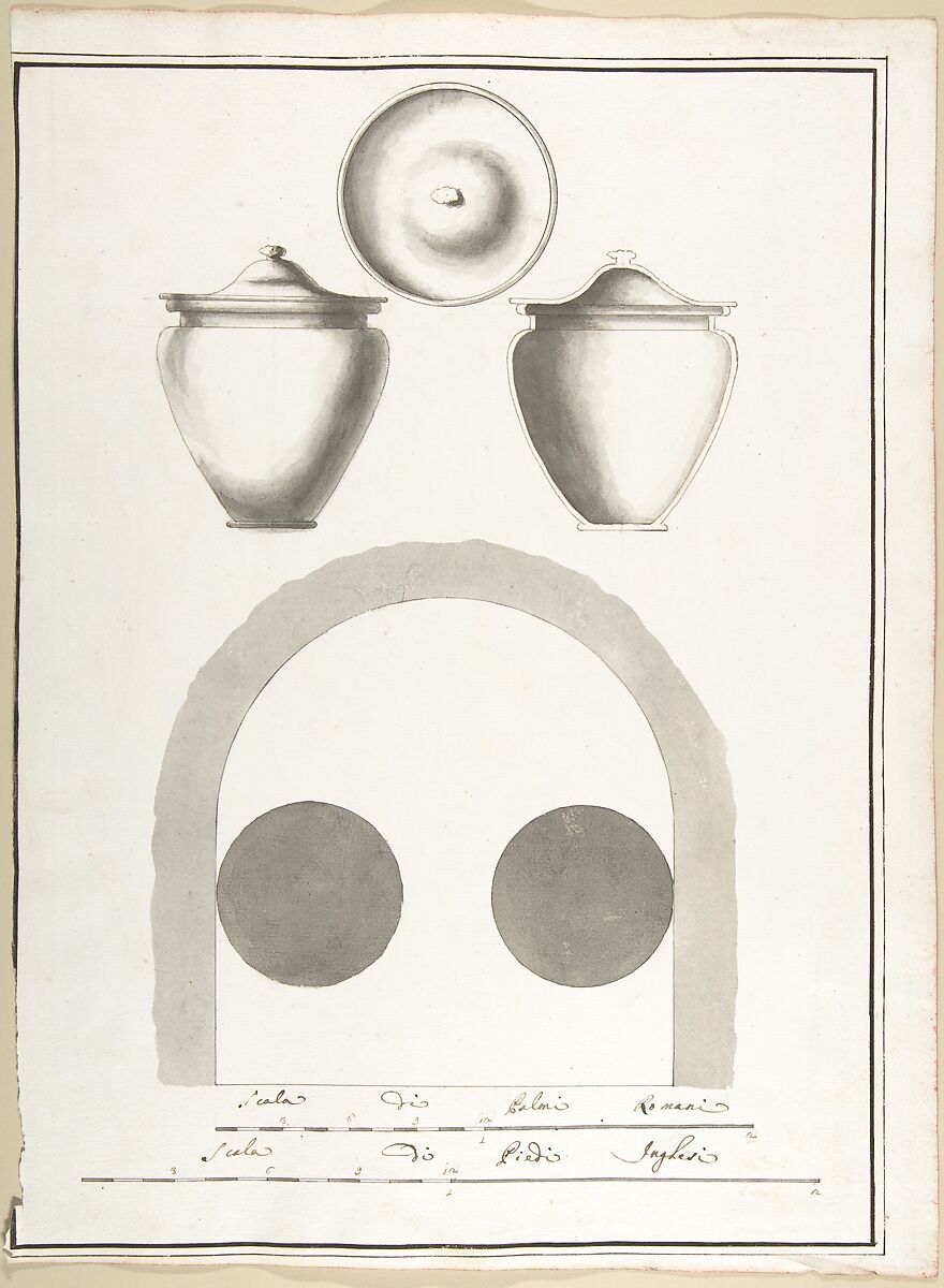 Plan of Niche in a Columbarium with a Section, Elevation and Top View of a Funerary Urn, Pietro Paolo Coccetti (Cocchetti) (Italian, documented Rome, 1710–1727), Pen and brown ink, brush and gray wash, over traces of ruling in graphite 