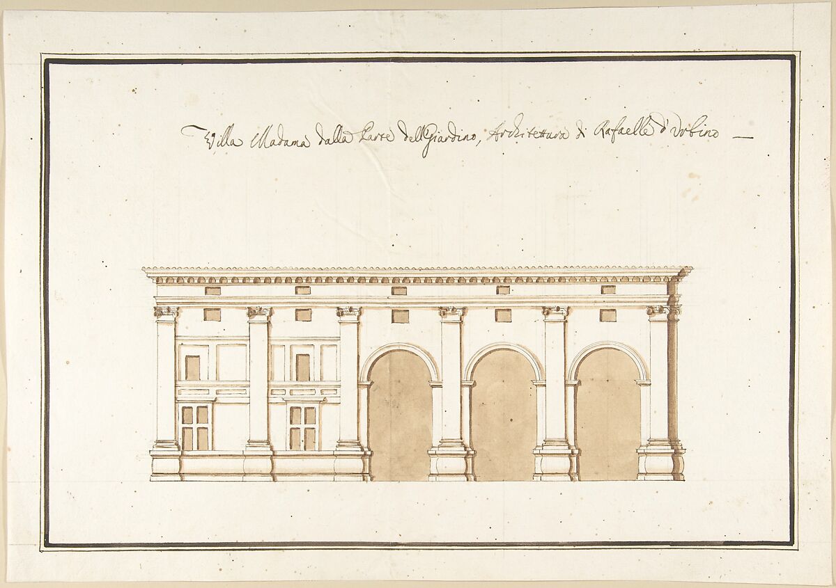 Garden Elevation of the Villa Madama, Rome, Pietro Paolo Coccetti (Cocchetti) (Italian, documented Rome, 1710–1727), Pen and brown ink, brush and brown wash, over ruling in graphite 