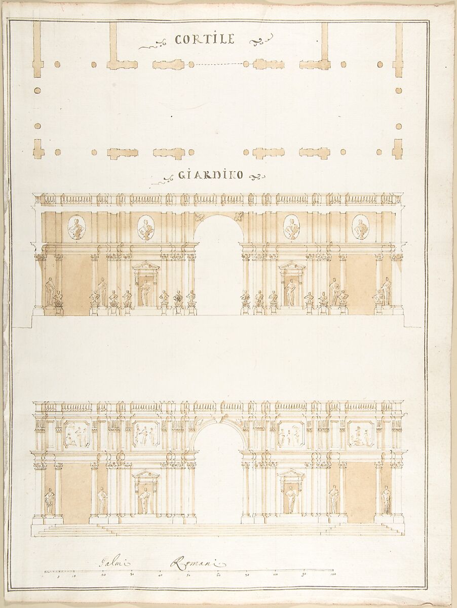 Plan, Section and Exterior Elevation of a Villa, Pietro Paolo Coccetti (Cocchetti) (Italian, documented Rome, 1710–1727), Pen and brown ink, brush and light brown wash, over ruling in graphite 