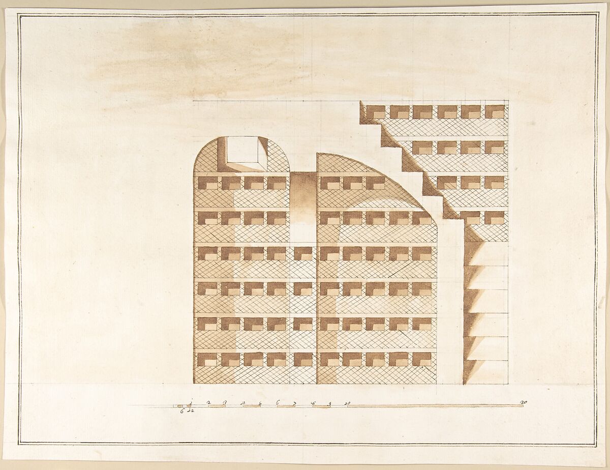 Section of a Columbarium, Pietro Paolo Coccetti (Cocchetti) (Italian, documented Rome, 1710–1727), Pen and brown ink, brush and brown wash, over ruling in graphite 