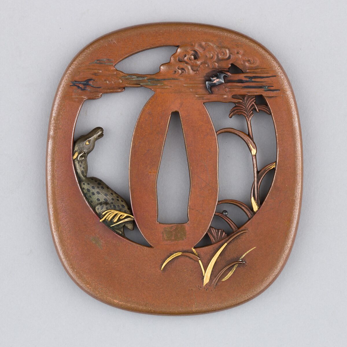 秋草に鹿図鐔 Sword Guard (<i>Tsuba</i>), 紫原壽良画 Murasakibara Toshiyoshi (Japanese, born 1829), Copper, copper-silver alloy (<i>shibuichi</i>), copper-gold alloy (<i>shakudō</i>), gold, silver, Japanese
