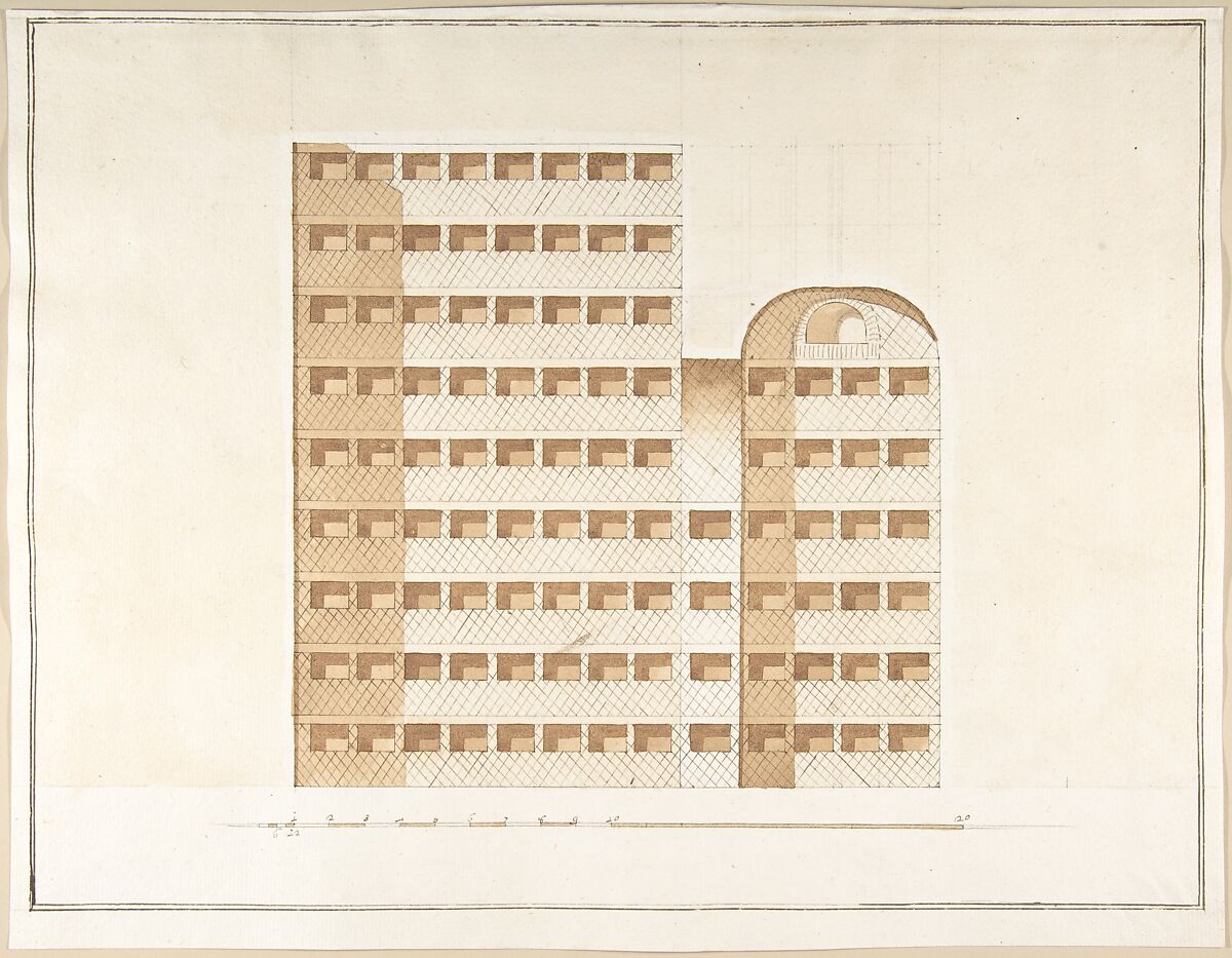 Section of a Columbarium, Pietro Paolo Coccetti (Cocchetti) (Italian, documented Rome, 1710–1727), Pen and brown ink, brush and brown wash, over ruling in graphite 