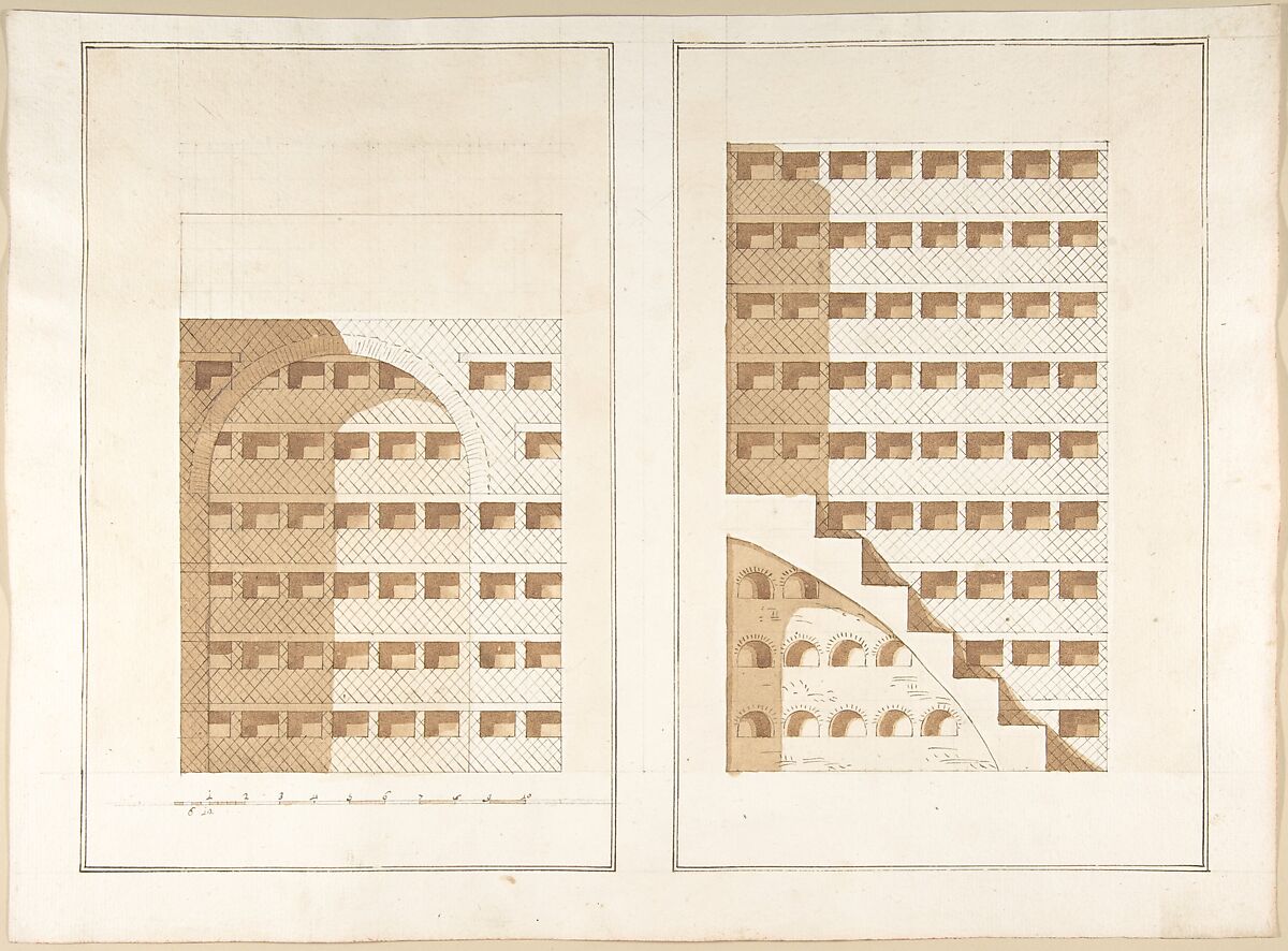 Two Sections of a Columbarium, Pietro Paolo Coccetti (Cocchetti) (Italian, documented Rome, 1710–1727), Pen and brown ink, brush and brown wash, over ruling in graphite 