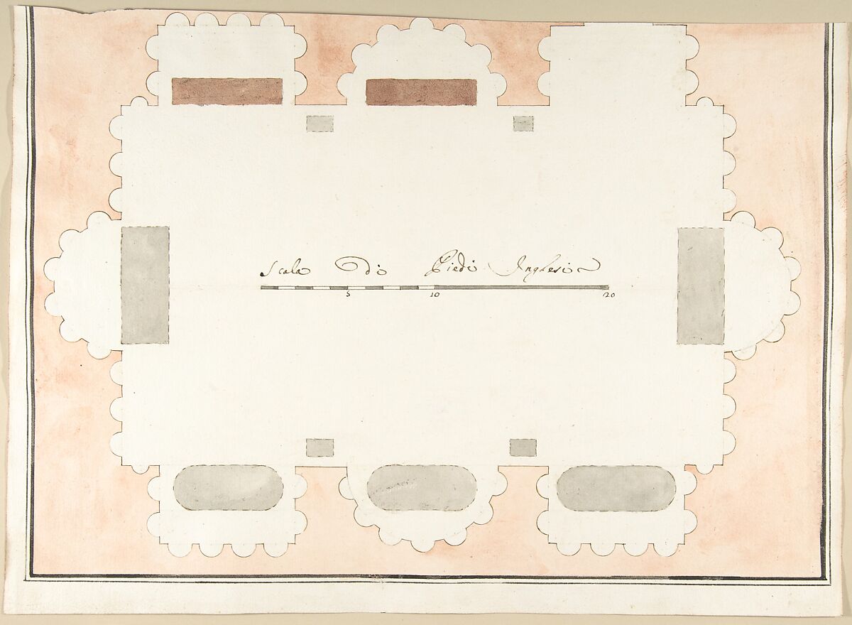 Plan of a Columbarium, Pietro Paolo Coccetti (Cocchetti) (Italian, documented Rome, 1710–1727), Pen and brown ink, brush with ochre, gray and brown wash, over ruling in graphite 