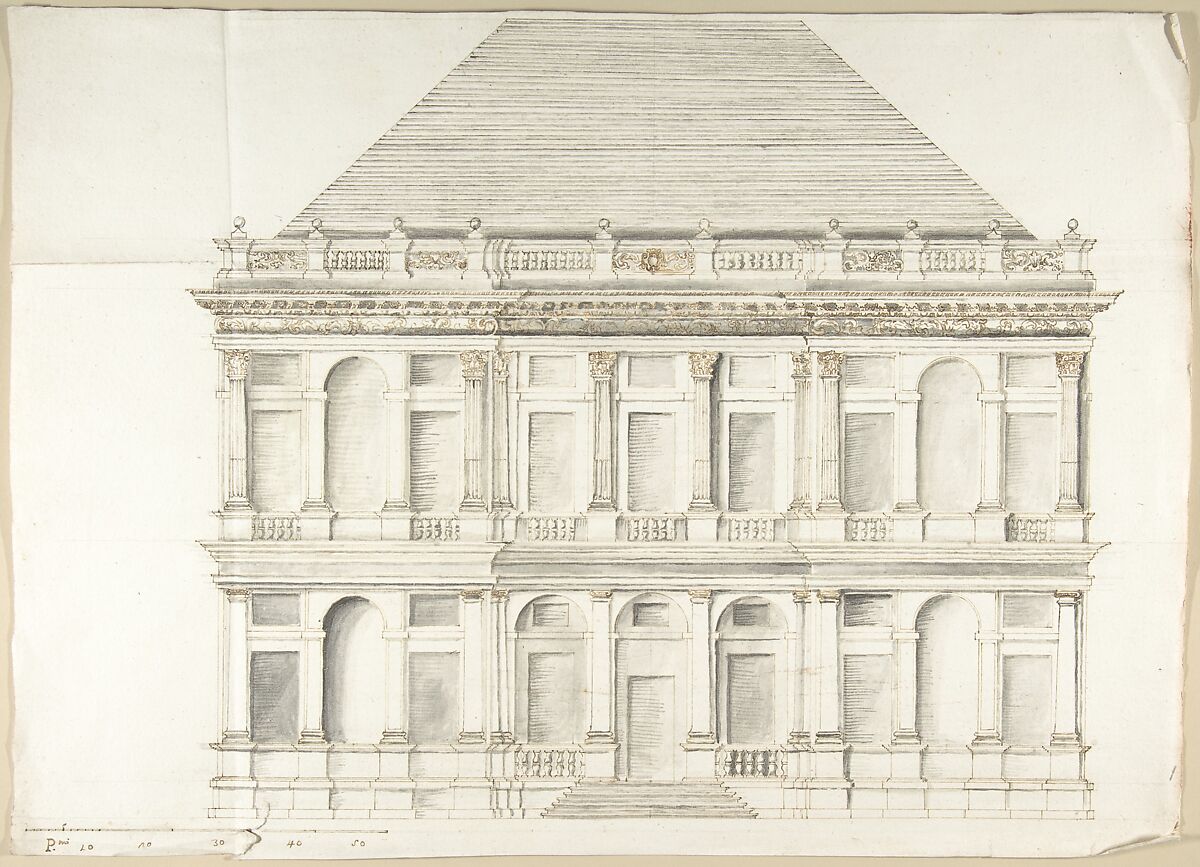 Two-Story Facade of a Palace with a Mansard Roof, Pietro Paolo Coccetti (Cocchetti) (Italian, documented Rome, 1710–1727), Pen and brown ink, brush and gray wash, over ruling in graphite 