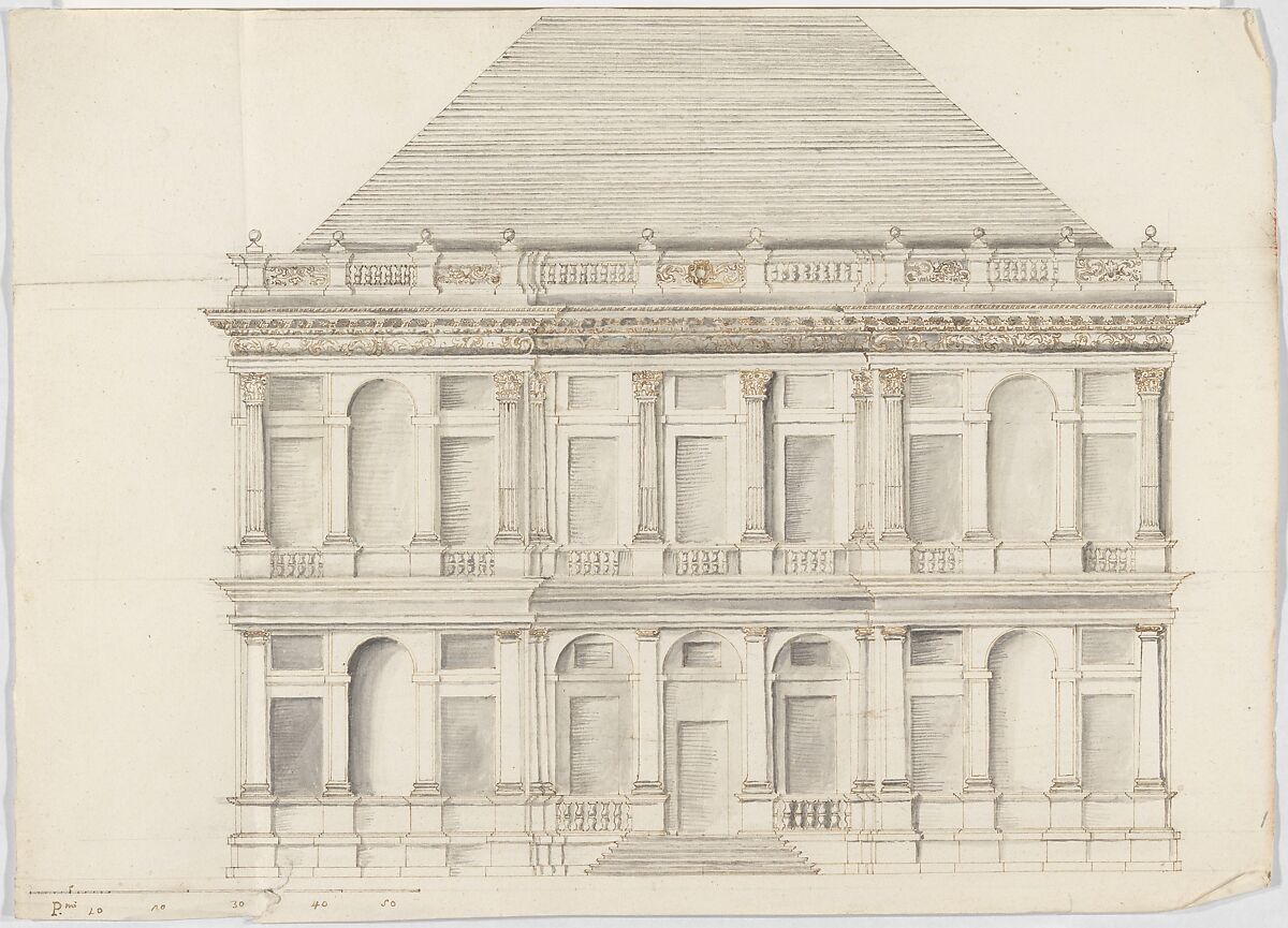 Two-Story Façade of a Palace with a Mansard Roof, Pietro Paolo Coccetti (Cocchetti) (Italian, documented Rome, 1710–1727), Pen and brown ink, brush and gray wash, over ruling in graphite