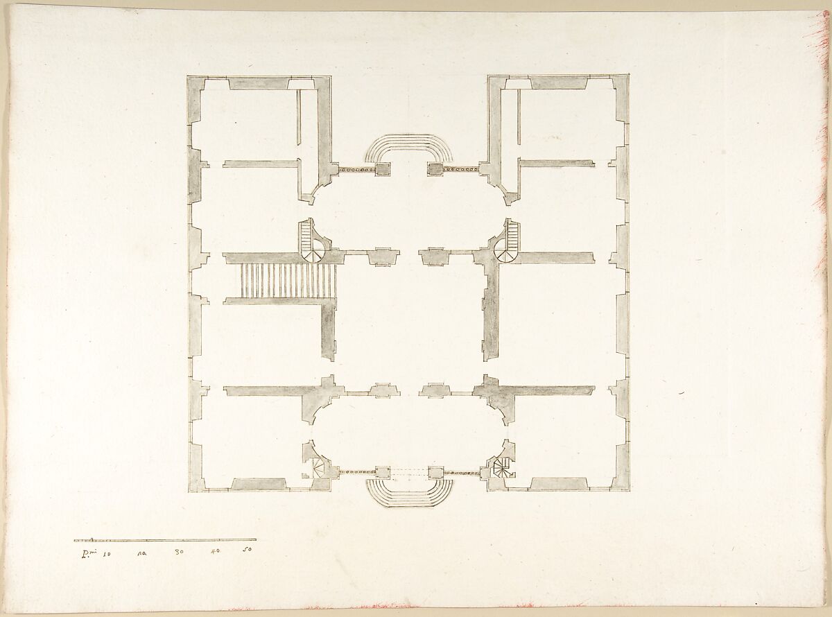 Plan (Probably of the Building in Accession Number 60.632.62), Pietro Paolo Coccetti (Cocchetti) (Italian, documented Rome, 1710–1727), Pen and brown ink, brush and gray wash, over ruling in graphite 