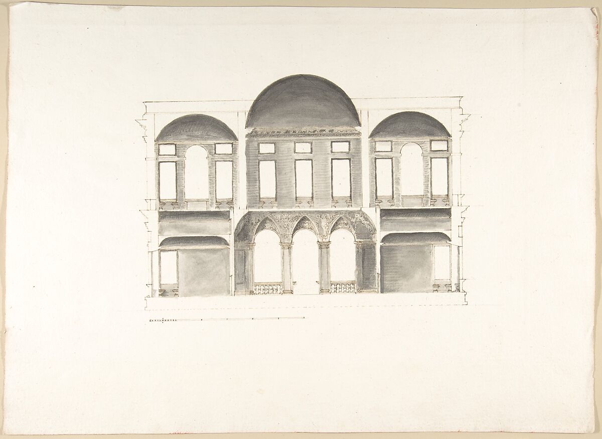 Section of a Palace (Probably of the Building in Accession Numbers 60.632.62 and 60.632.64), Pietro Paolo Coccetti (Cocchetti) (Italian, documented Rome, 1710–1727), Pen and brown ink, brush and gray wash, over graphite and some stylus ruling 