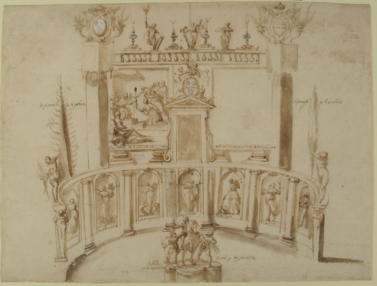 Design for a Garden Fête with a Semi-circular Wall and Statues in Niches., Francesco Allegrini (Italian, Cantiano (?) 1615/20–after 1679 Gubbio (?)), Pen and brown ink, brush and brown wash over traces of graphite; some strokes cancelled with white gouache