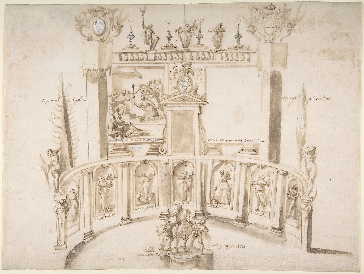 Design for a Garden Fête with a Semi-circular Wall and Statues in Niches., Francesco Allegrini (Italian, Cantiano (?) 1615/20–after 1679 Gubbio (?)), Pen and brown ink, brush and brown wash over traces of graphite; some strokes cancelled with white gouache 