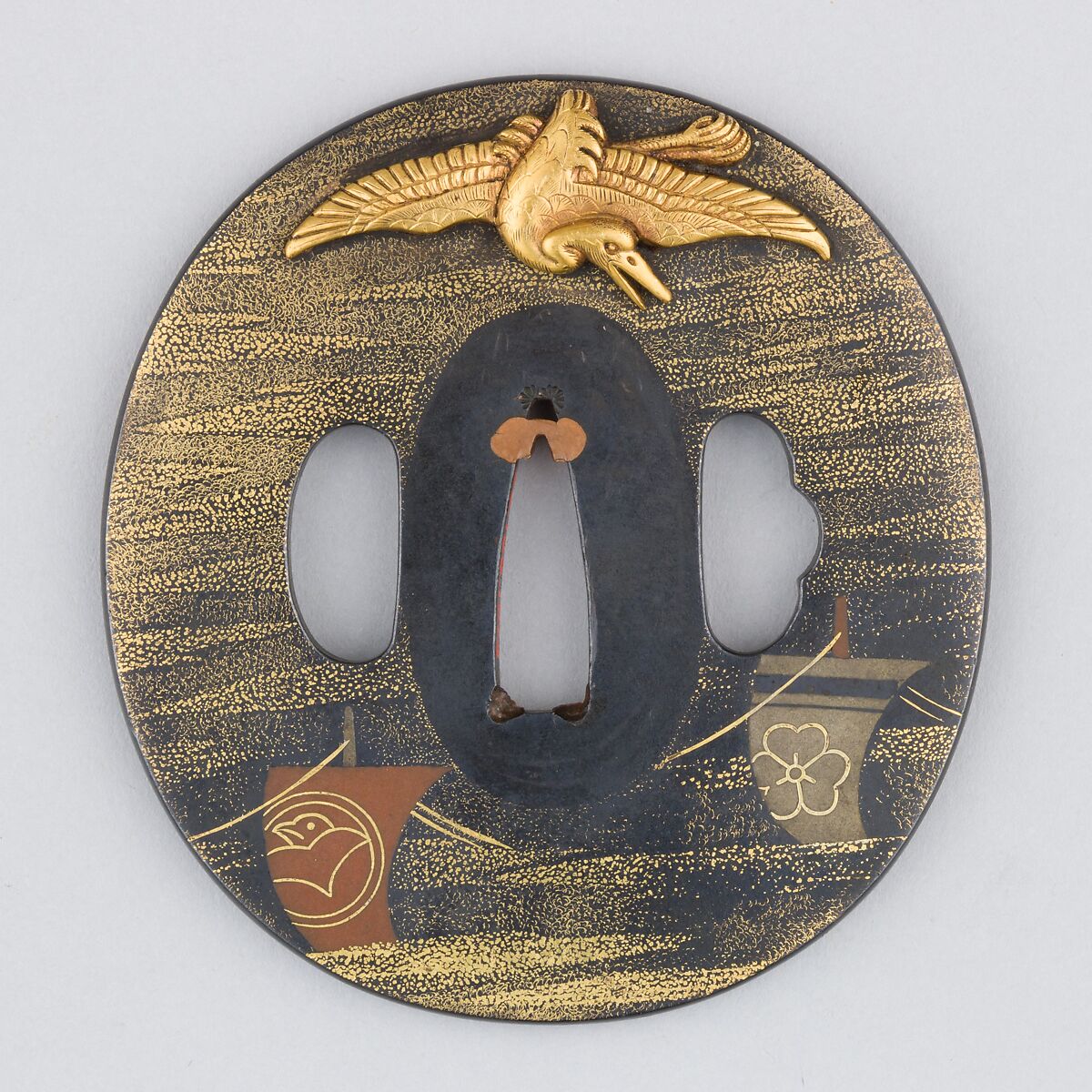 Sword Guard (Tsuba), Copper-gold alloy (shakudō), gold, copper-silver alloy (shibuichi), copper, Japanese 