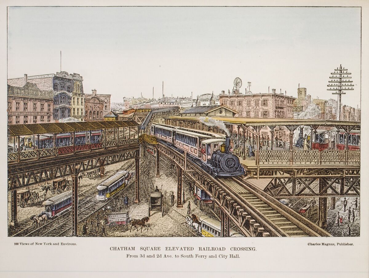Chatham Square Elevated Railroad Crossing, Charles Magnus &amp; Company (New York, NY), Wood engraving, hand colored 