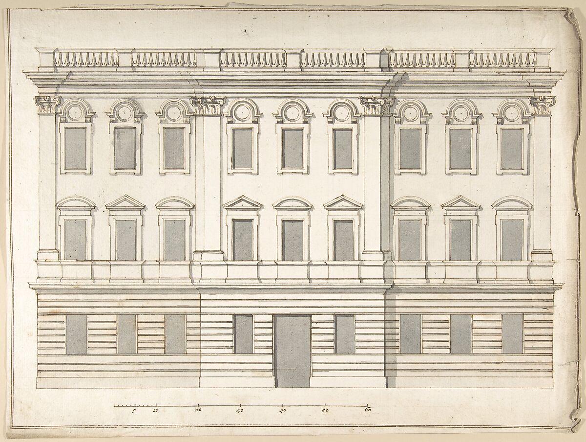Design for Palace Façade, Pietro Paolo Coccetti (Cocchetti) (Italian, documented Rome, 1710–1727), Pen and brown ink, brush and gray wash, over ruling in graphite 