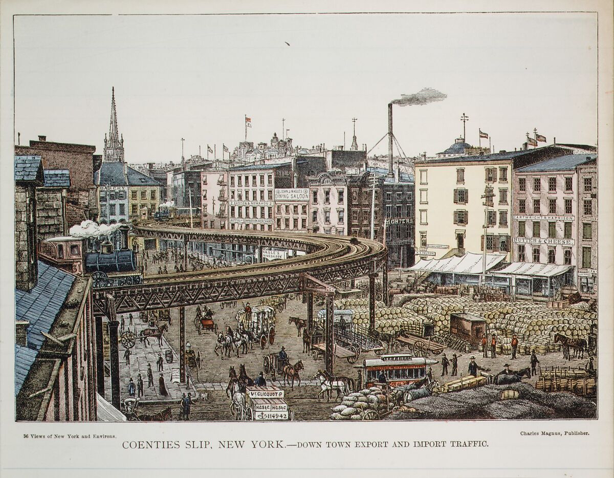 Coenties Slip, New York.--Down Town Export and Import Trading, Charles Magnus &amp; Company (New York, NY), Wood engraving, hand colored 