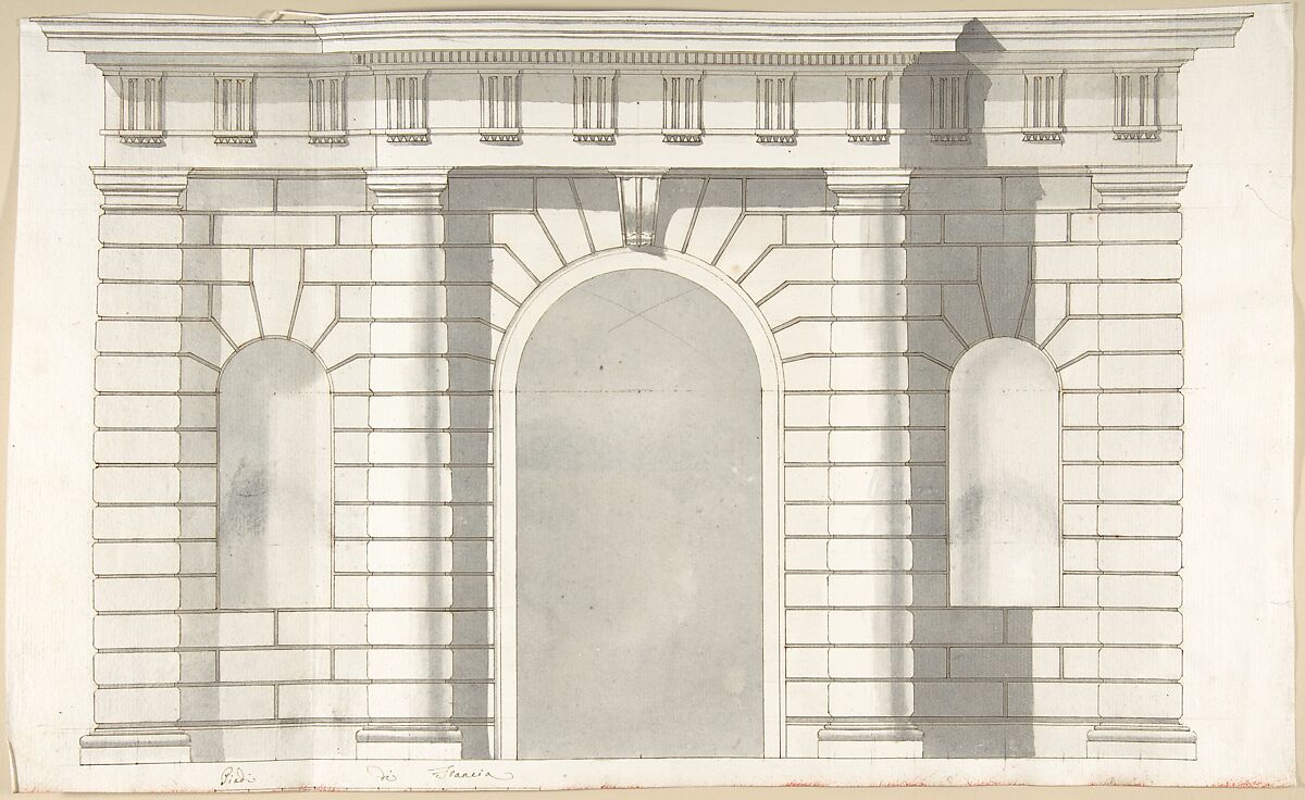 Elevation Design for the Entrance to Orti Farnesiani by Vignola, Pietro Paolo Coccetti (Cocchetti) (Italian, documented Rome, 1710–1727), Pen and brown ink, brush and gray wash, over ruling in graphite 